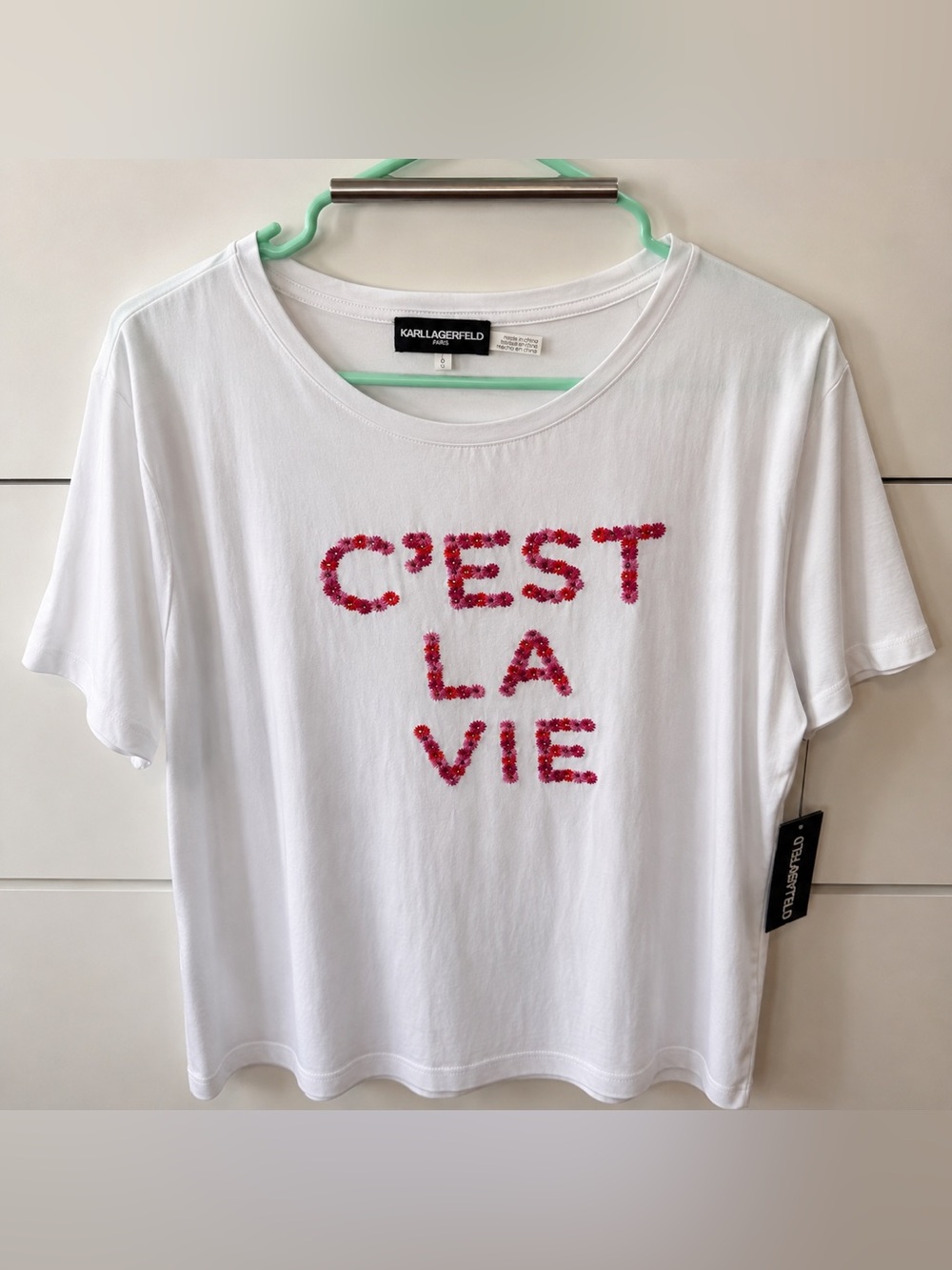 Karl Lagerfeld Kids White Tee with Pink Floral Appliqué "C'EST LA VIE"